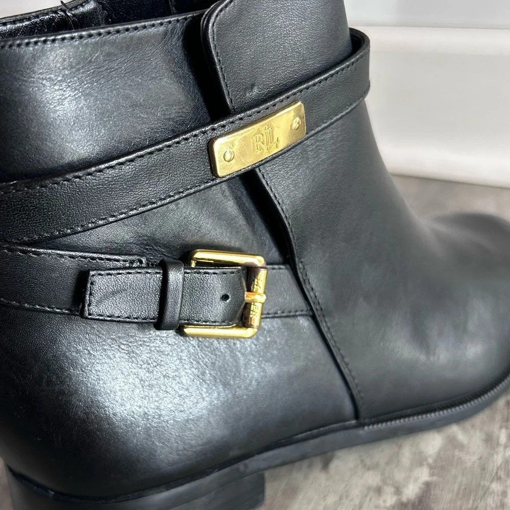 Ralph Lauren Borgia Black Leather Ankle Boots 8B Gold Buckle Classic Timeless
